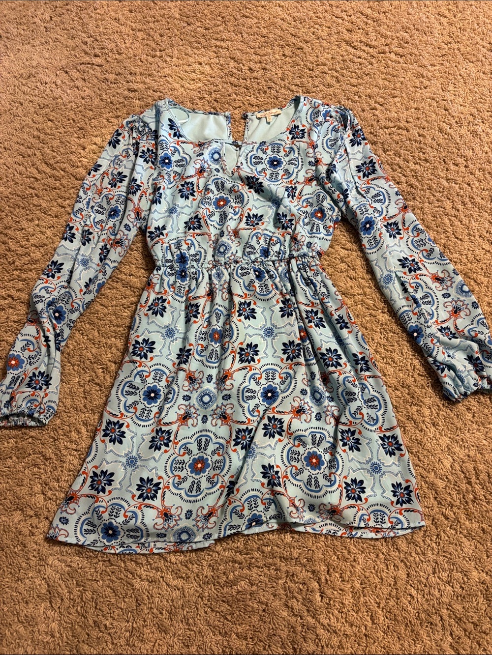 Red Camel Blue and Orange Long Sleeve Floral Print Dress